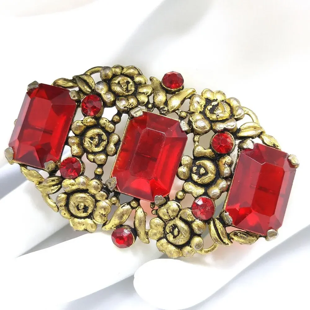 Art Nouveau Red Glass Floral Brooch, Three Red Emerald Cut Stones, 1930s Vintage